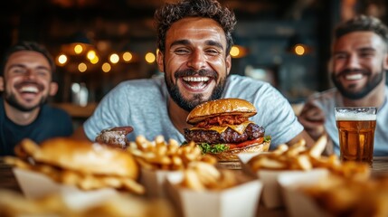 A joyful group of friends happily enjoys a meal of cheeseburgers, fries, and beers, highlighting companionship, laughter, and the casual dining experience in vibrant settings.