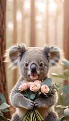 A cute koala clutching a bouquet of fresh roses stands amidst pastel flowers and sunlight, creating a serene, fairytale-like atmosphere in the forest