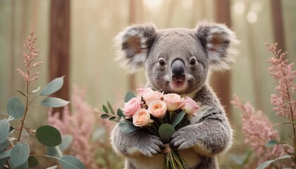 Obraz premium An adorable koala holds a bouquet of pastel pink roses, surrounded by soft greenery and delicate flowers, creating a whimsical and heartwarming forest scene