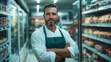 Fototapeta premium A confident grocery worker stands proudly with arms crossed, wearing a crisp apron in a well-stocked market aisle, exemplifying professionalism and service dedication.