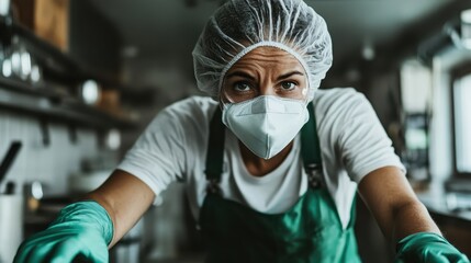 Wearing protective gear - mask, gloves, and apron - the individual is intently engaged in an indoor task, highlighting responsibility and careful attention.