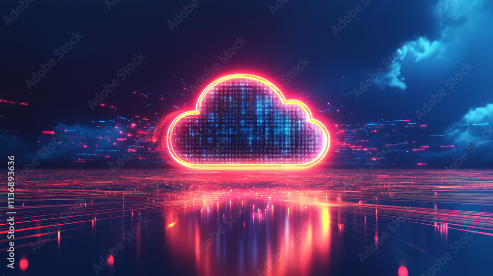 Poster a glowing cloud icon with data streams surrounding it, symbolizing online storage, cloud computing p
