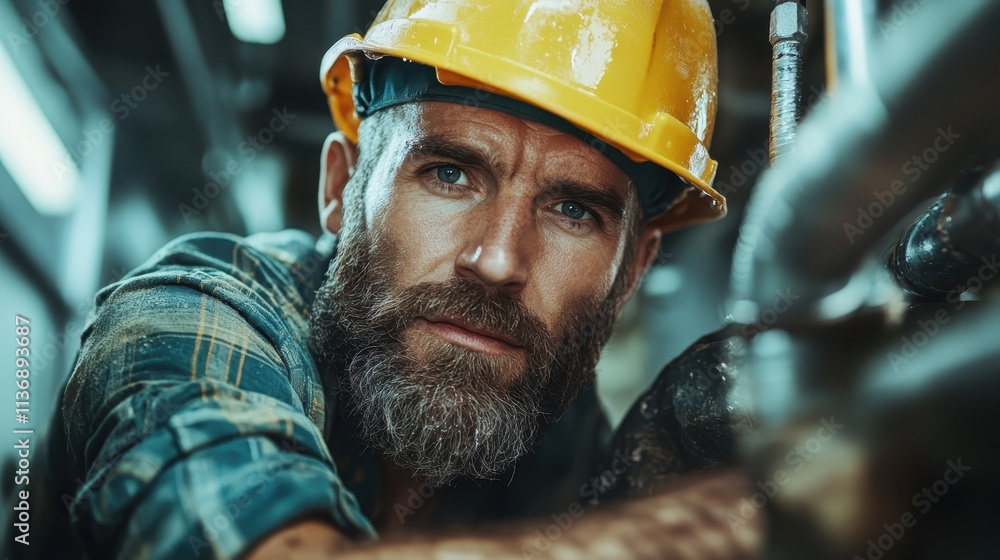 Poster a bearded man in a yellow helmet intently works on fixing a large industrial pipe, showcasing a scen