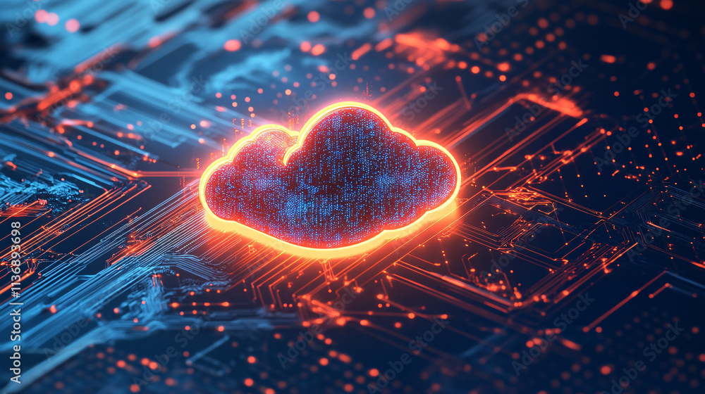 Poster a glowing cloud icon with data streams surrounding it, symbolizing online storage, cloud computing p