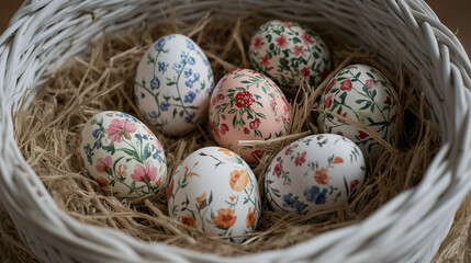 Close-up of hand-painted Easter eggs with floral patterns placed in a white wicker basket.