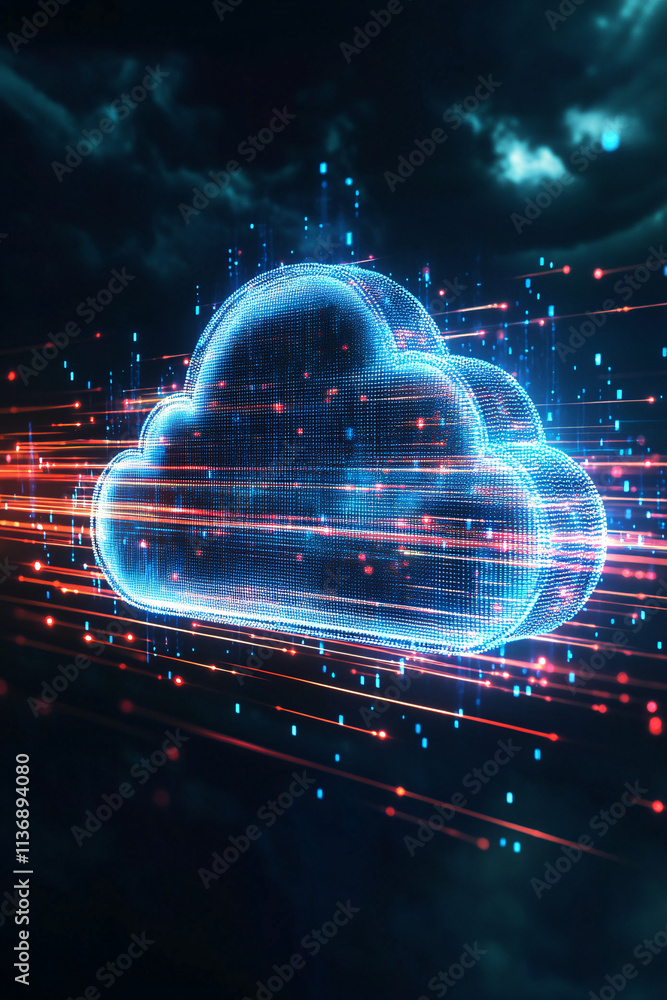 Poster a glowing cloud icon with data streams surrounding it, symbolizing online storage, cloud computing p