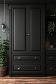 Black kitchen pantry cabinet with two doors and three drawers, brass knobs.