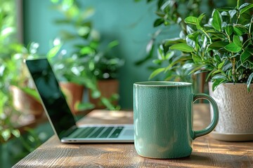 Light green coffee mug on a desk with plants and a laptop - Powered by Adobe