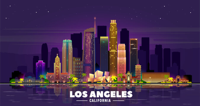 Los Angeles California night city skyline. Vector Illustration. Business travel and tourism concept with modern buildings. Image for banner or web site.	
