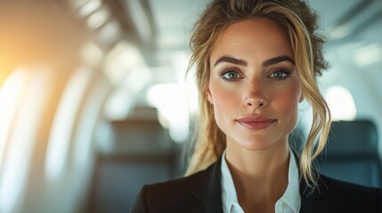 Fototapeta premium An elegant woman dressed in formal business attire is seen in an airplane, exuding professionalism, sophistication, and determination during her travels.