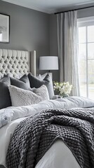 Serene contemporary bedroom with tufted headboard and gray accents