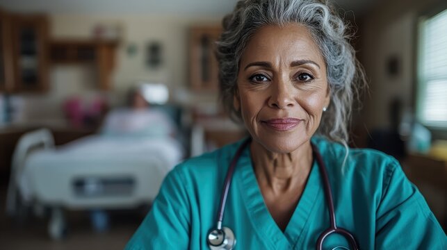 A senior nurse with grey hair stares warmly at the camera, stethoscope around her neck, conveying warmth and professionalism in a hospital environment.
