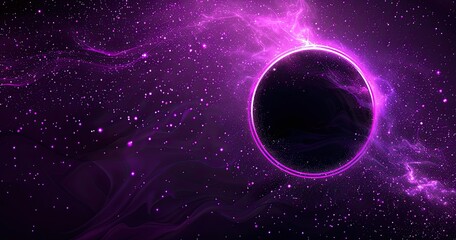 Fototapeta premium A cosmic scene featuring a dark circle surrounded by vibrant purple and starry elements.