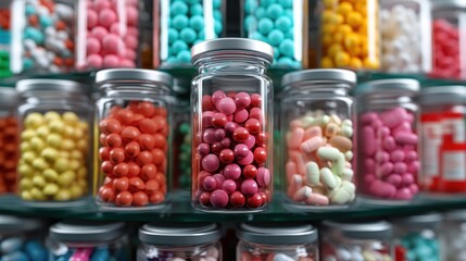 A close-up view of a glass jar filled with vibrant red pills amidst other colorful pharmaceuticals, showcasing the detailed nuances of medication storage.