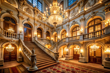 Obraz premium A grand, opulent staircase in a luxurious hall, featuring elegant chandeliers and intricate architectural details, illuminated by warm light.