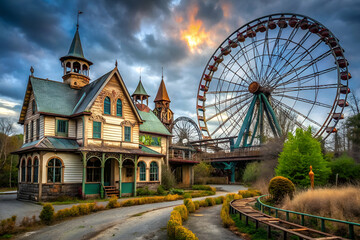 A whimsical, abandoned amusement park scene featuring a vintage house and a large ferris wheel against a dramatic sunset sky.