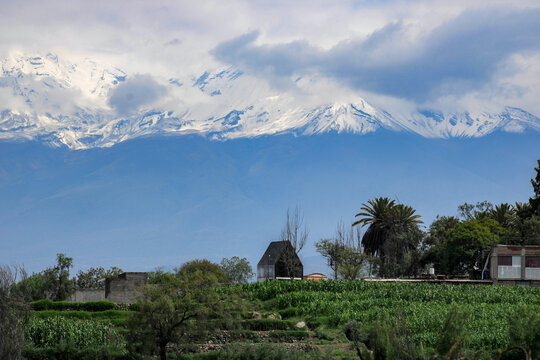 view of the chachani volcano and andenerias of paucarpata