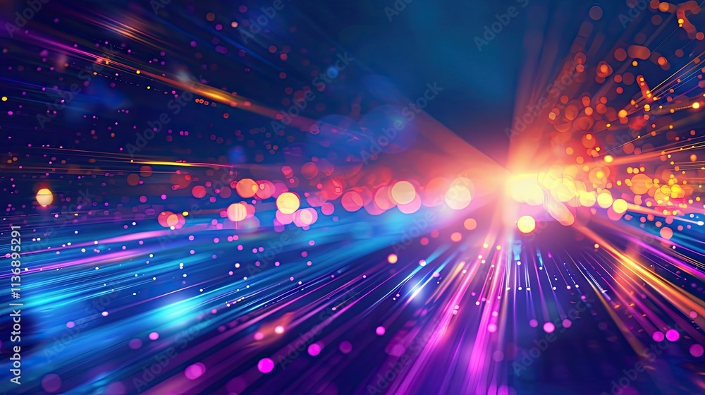Poster a vibrant abstract background with colorful light streaks and bokeh effects.