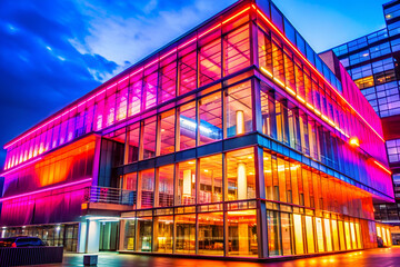 Fototapeta premium A modern building illuminated in vibrant colors, showcasing a blend of glass architecture and nighttime ambiance against a dramatic sky.