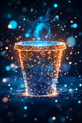 A glowing coffee cup icon with data points swirling around it, representing online ordering systems, digital cafe platforms, and customer analytics. 