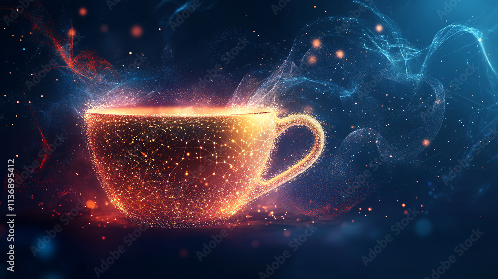 Poster a glowing coffee cup icon with data points swirling around it, representing online ordering systems,