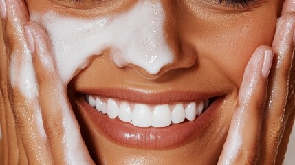Fototapeta premium A smiling woman rinses her face with a foamy cleanser, showing clean, radiant skin and a joyful expression in a close-up photograph focusing on beauty routine.