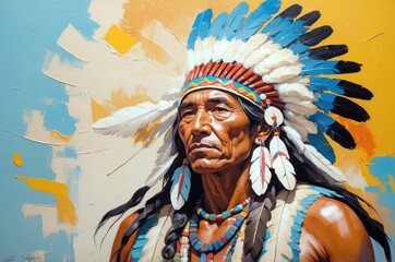 Obraz premium Abstract vintage oil painting portrait of a native american man with headdress decoration, people and culture, tradition, history theme concept. 