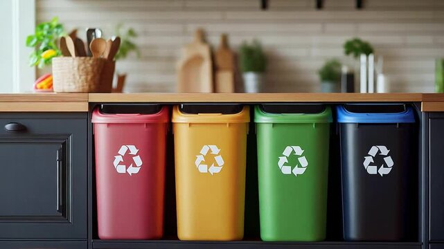 Four color coded bins for recycling, composting, and waste management are arranged neatly in a contemporary kitchen setting