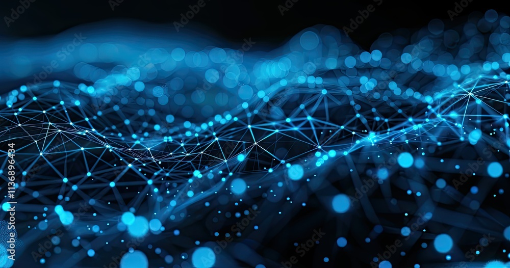 Poster abstract digital landscape with interconnected nodes and glowing dots.