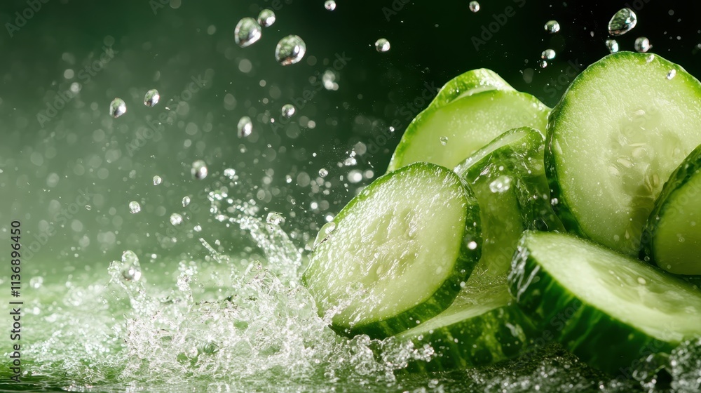 Poster crisp and fresh cucumber slices bursting with water droplets against a dynamic background, capturing