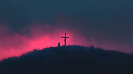Obraz premium Solitary Figure Praying Before Sunset Cross