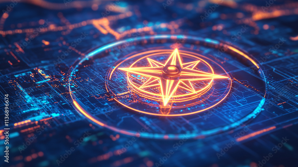 Poster a glowing compass icon floating over a digital map, representing smart navigation tools, online mapp