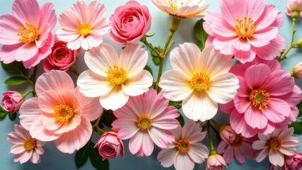 Top down view, many autumn flowers, background made of flowers, soft light pastel colors 