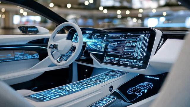 A futuristic smart car interior featuring an advanced digital dashboard and illuminated interfaces, set in a contemporary exhibition space. Innovations in automobile industry