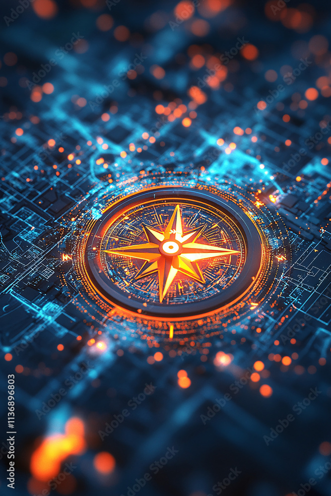 Poster a glowing compass icon floating over a digital map, representing smart navigation tools, online mapp