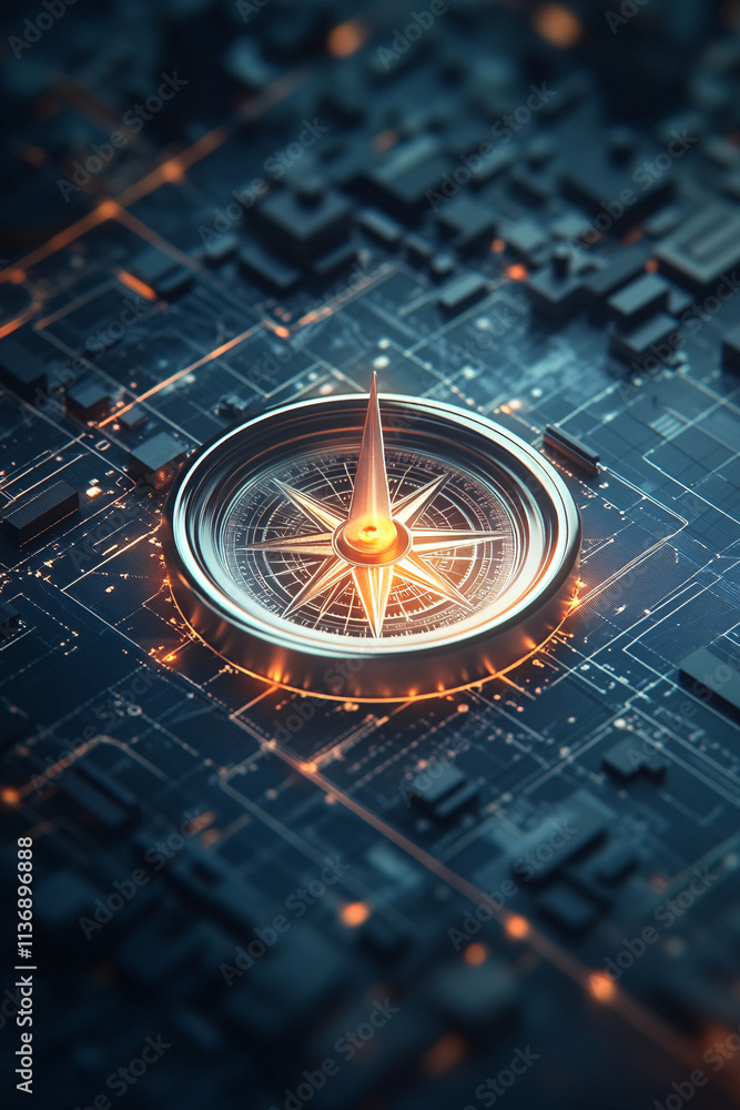 Poster a glowing compass icon floating over a digital map, representing smart navigation tools, online mapp