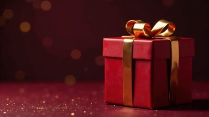Obraz premium dark red gift box with golden bow, empty background on left, festive background