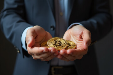 businessman exchanges golden bitcoin stranger using two