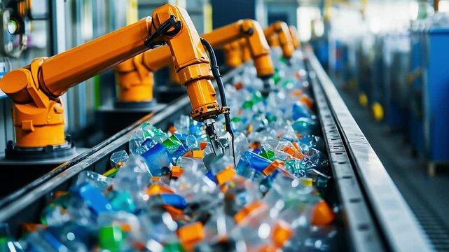 Robotic arms efficiently separate and sort plastics in a high tech recycling center, showcasing automation in waste management