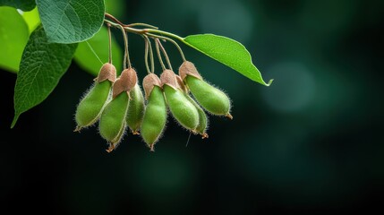 Obraz premium A cluster of young, delicately coated buds, gracefully hanging, showcases the innocence and potential of nature amidst a tranquil green setting.