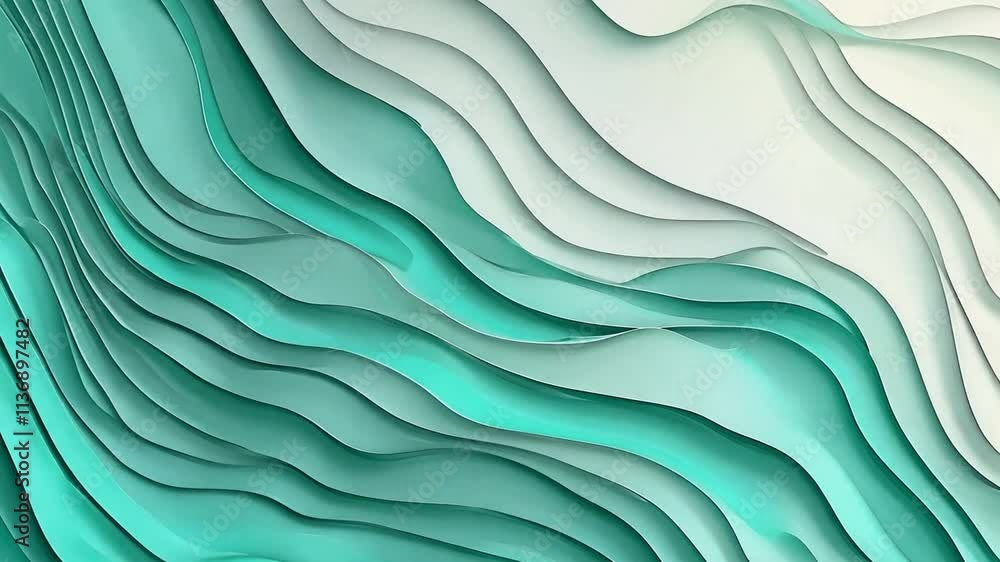 Poster calming blend of soft mint green and white tones with flowing waves resembling an abstract design, c