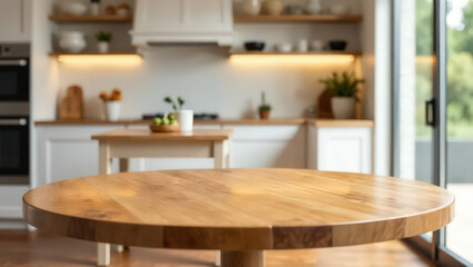 beautiful round wood table on interior in clean and bright kitchen background