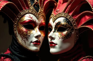 Fototapete Rund Beautiful carnival mask red with gold is left on blurred festive background  © Kateryna