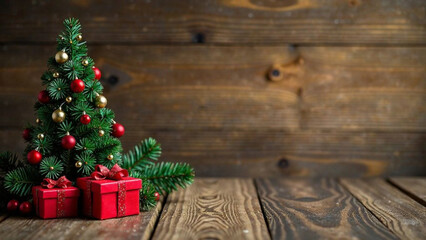 Gift boxes with a big red bow on a wooden background, bokeh of twinkling lights. Luxurious New Year's gift. Christmas gift. Christmas background with gift box. Christmas celebration.