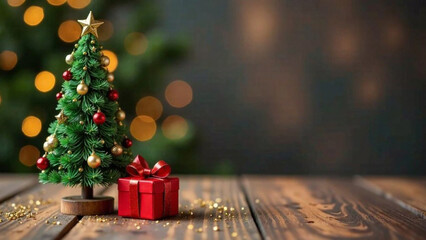 Gift boxes with a big red bow on a wooden background, bokeh of twinkling lights. Luxurious New Year's gift. Christmas gift. Christmas background with gift box. Christmas celebration.