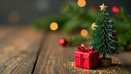 Gift boxes with a big red bow on a wooden background, bokeh of twinkling lights. Luxurious New Year's gift. Christmas gift. Christmas background with gift box. Christmas celebration.