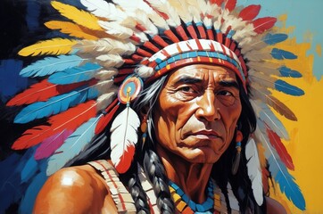 Fototapeta premium Abstract vintage oil painting portrait of a native american man with headdress decoration, people and culture, tradition, history theme concept. 