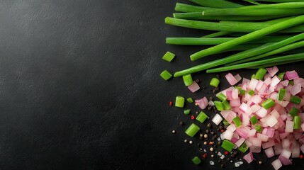 A close-up of chopped spring onions with various seasonings scattered artistically on a dark surface, creating an inviting and flavorful culinary foundation.