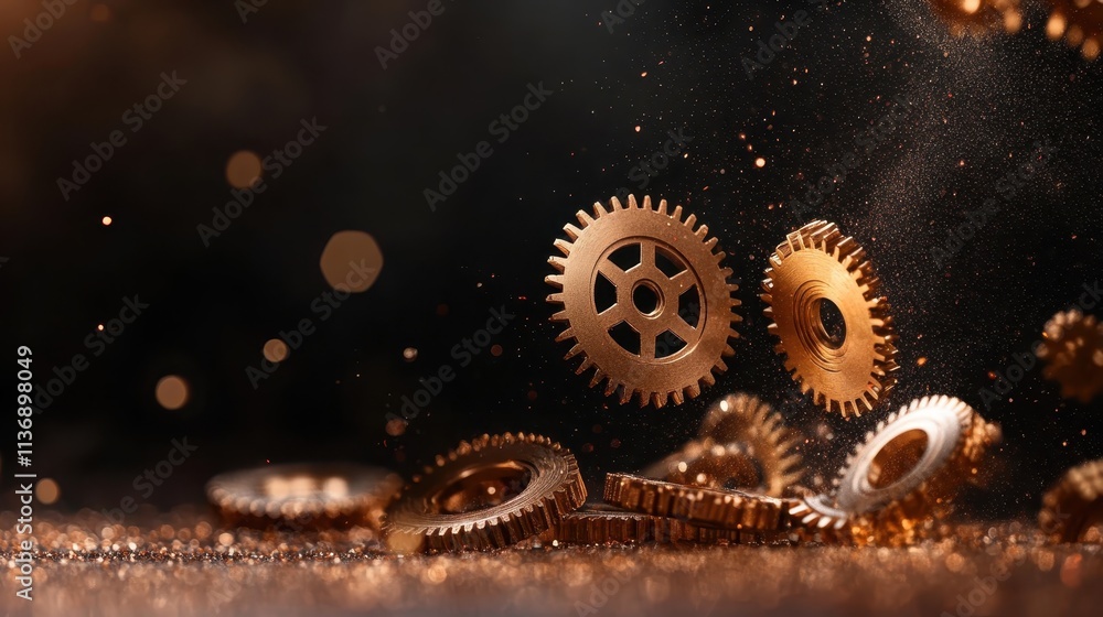 Aufkleber a captivating display of interlocking bronze gears in motion, surrounded by sparkling particles crea