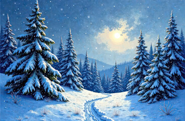 Obraz premium a painting on canvas of a snowy night in the forest, the fir trees are covered in snow and the sun shining on them